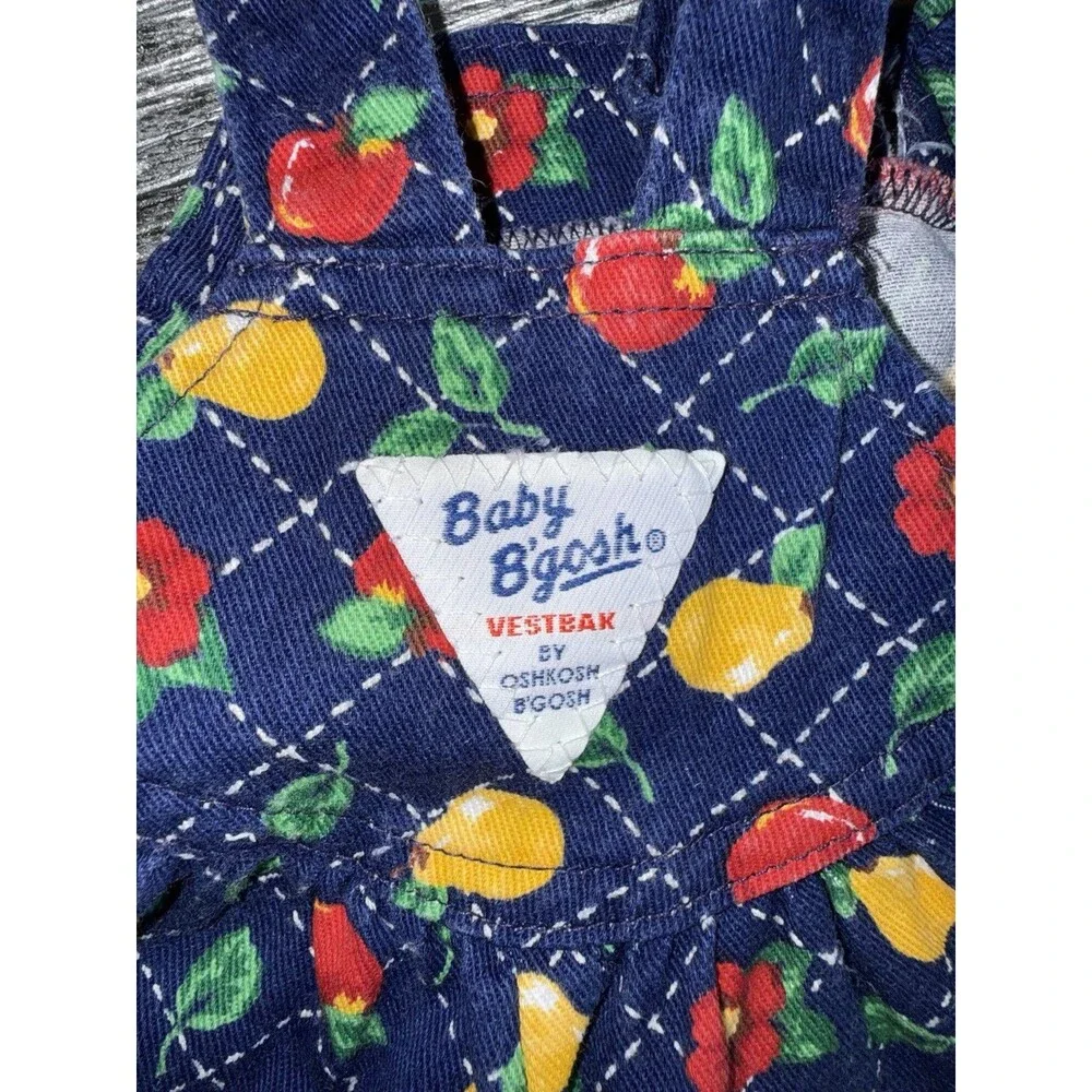 Vintage OshKosh Baby B’Gosh Vestbak Overalls 3-6M Fruit Apple Pear Floral USA 90